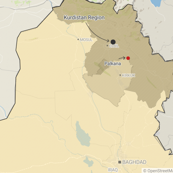 Map of Kurdistan Region, Kirkuk, and the rest of Iraq, with Palkana highlighted at the edge of the disputed Kirkuk area.