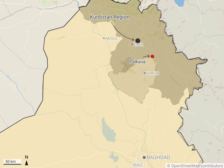 Map of Kurdistan Region, Kirkuk, and the rest of Iraq, with Palkana highlighted at the edge of the disputed Kirkuk area.